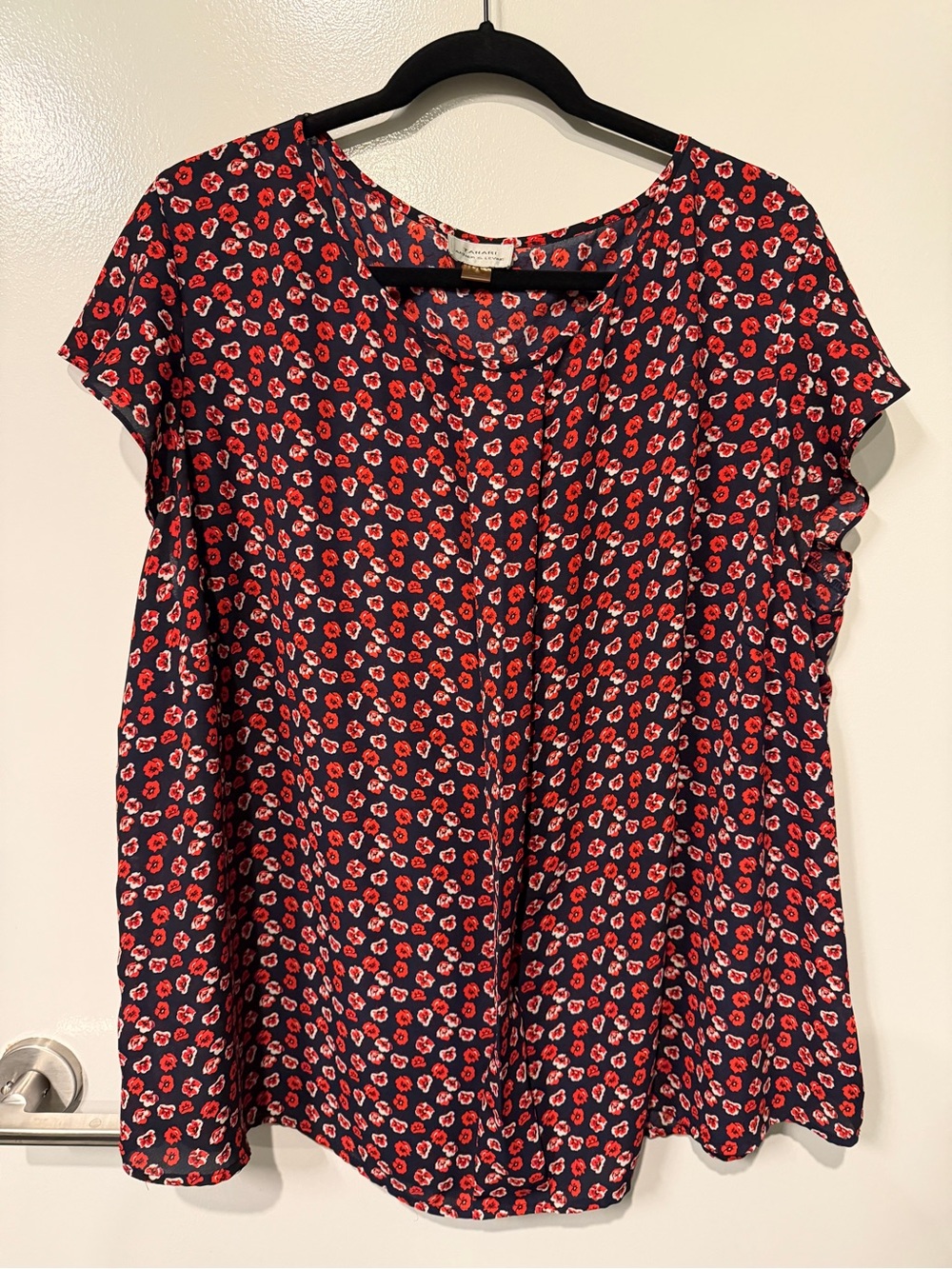 Women's Navy Floral Cap-Sleeve Blouse with Red Print